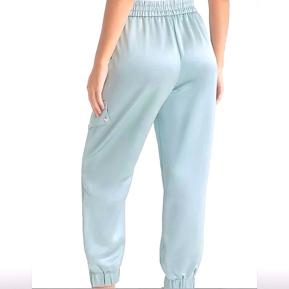 PRICE FIRM Express Blue Satin High Waisted Jogger w/ Snap Cargo Pockets XS - Picture 2 of 3